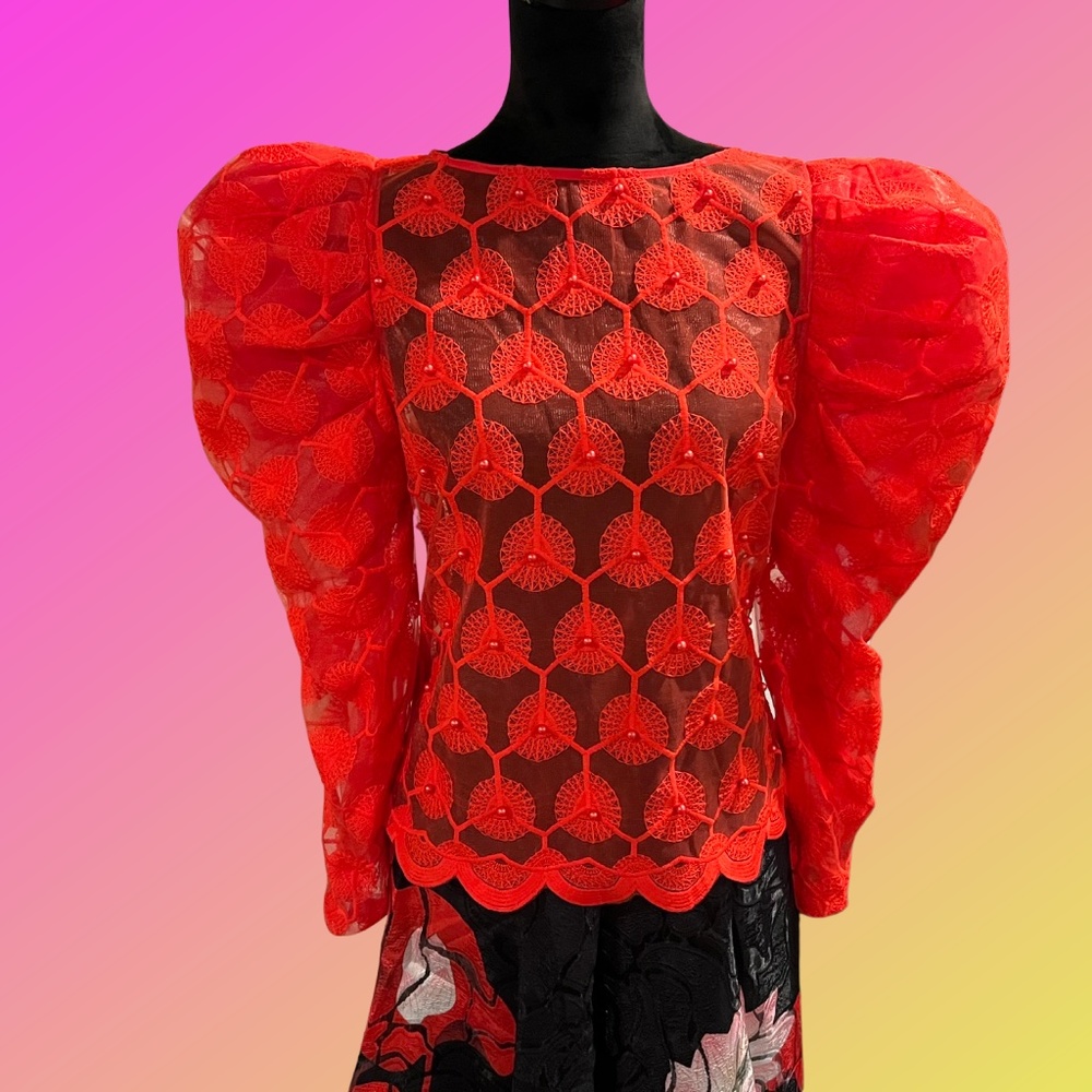 # A032   N BY NANCY  Romantic Vibe  Red  puffy sleeves Vintage top NWT  XL - Picture 3 of 13